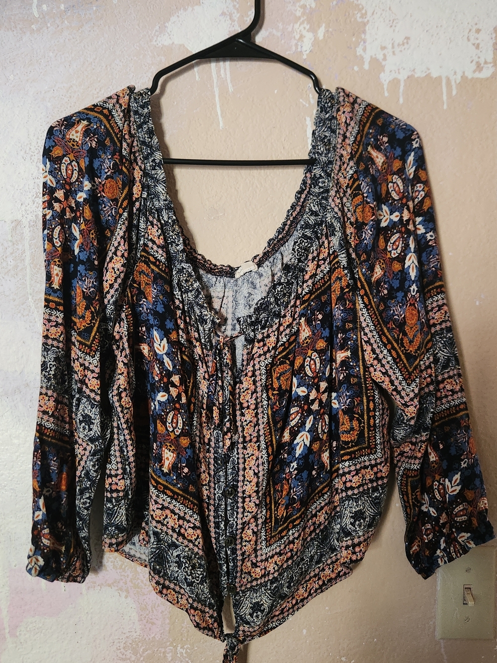 Bohemian Floral Copped Tie-Front Top - Navy & Rust
